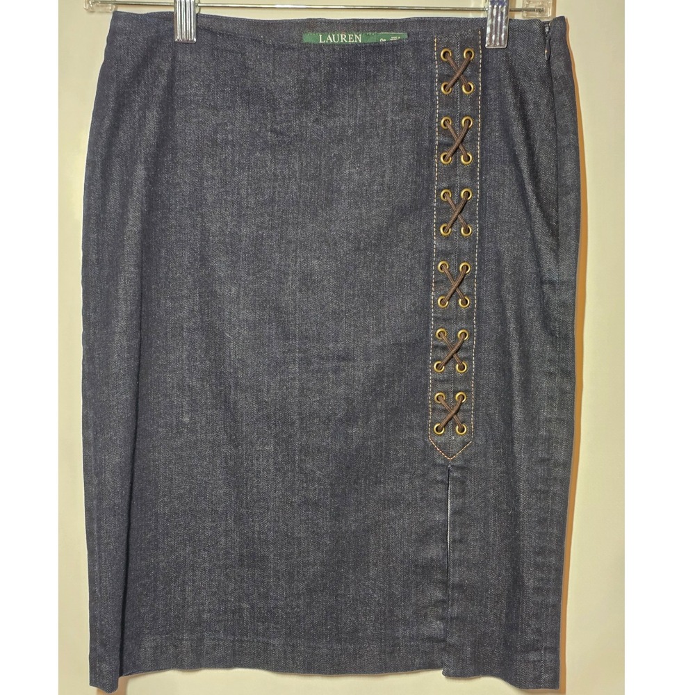 Lauren Ralph Lauren Denim Pencil Skirt Dark Wash Lace Up Side Slit Indigo 20in